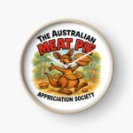 Round wall clock printed with cartoon kangaroo on picnic blanket under gum tree holding steaming Aussie meat pie