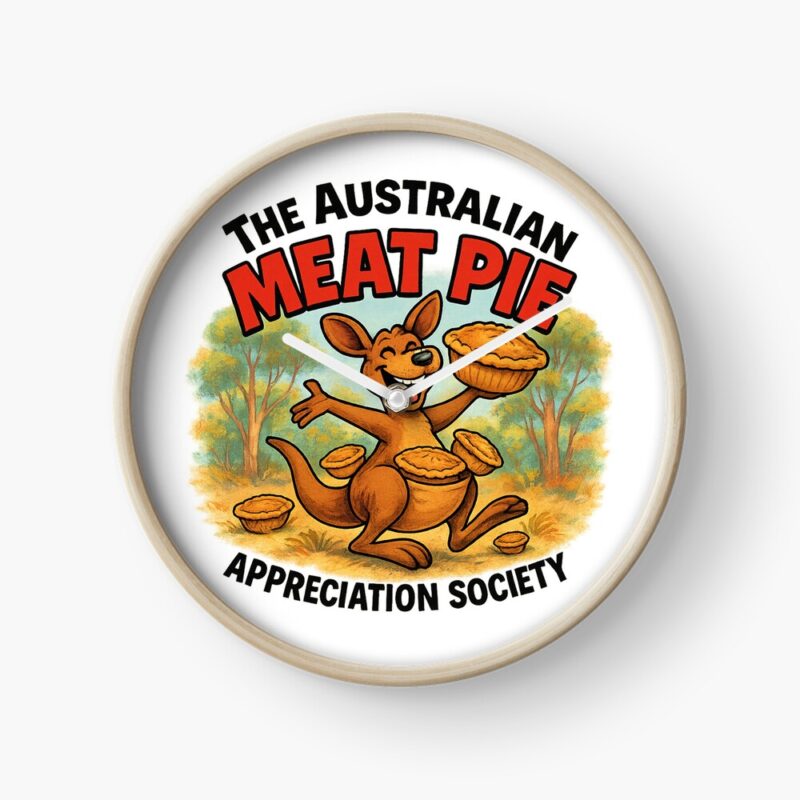 Round wall clock printed with cartoon kangaroo on picnic blanket under gum tree holding steaming Aussie meat pie