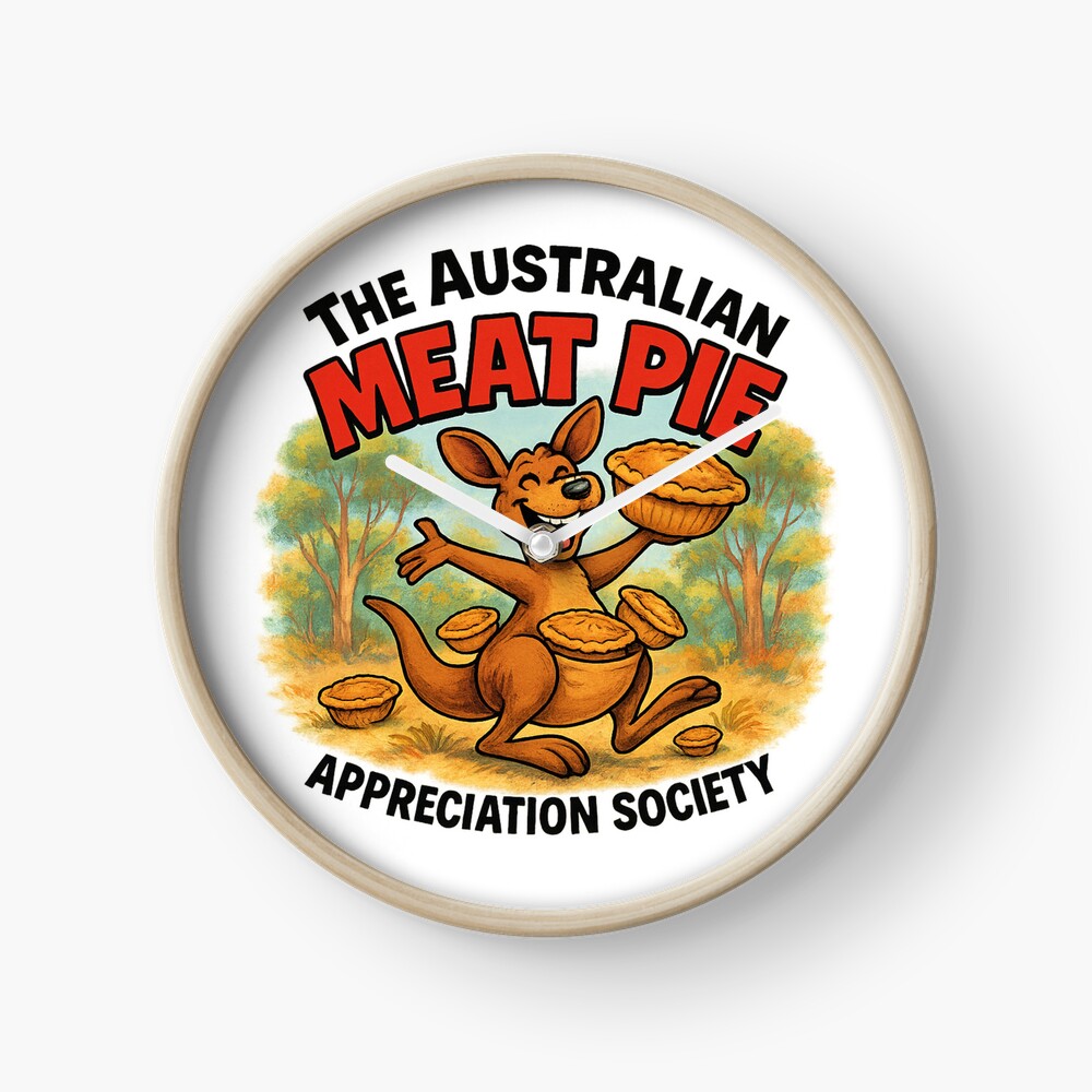 Round wall clock printed with cartoon kangaroo on picnic blanket under gum tree holding steaming Aussie meat pie