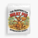 Duvet cover printed with cartoon kangaroo sitting on red-check picnic blanket under eucalyptus trees holding Aussie meat pie