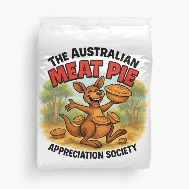 Duvet cover printed with cartoon kangaroo sitting on red-check picnic blanket under eucalyptus trees holding Aussie meat pie