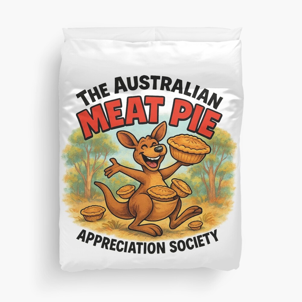 Duvet cover printed with cartoon kangaroo sitting on red-check picnic blanket under eucalyptus trees holding Aussie meat pie