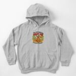 Kids pullover hoodie printed with cartoon kangaroo at bush picnic eating a golden Aussie meat pie under eucalyptus tree