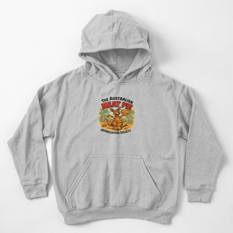 Kids pullover hoodie printed with cartoon kangaroo at bush picnic eating a golden Aussie meat pie under eucalyptus tree