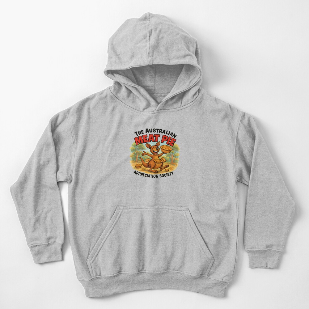 Kids pullover hoodie printed with cartoon kangaroo at bush picnic eating a golden Aussie meat pie under eucalyptus tree