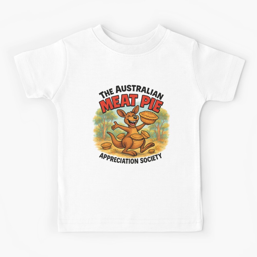 Kids cotton T-shirt with cartoon kangaroo sitting on check picnic blanket eating Aussie meat pie under gum tree