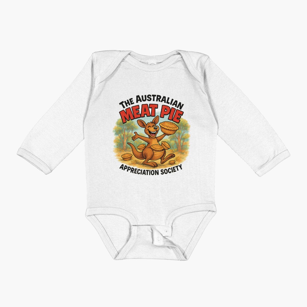 Cotton baby onesie printed with cartoon kangaroo sitting on red-check picnic rug eating Aussie meat pie under eucalyptus tree
