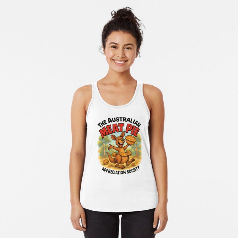 Women’s racerback tank top printed with cartoon kangaroo on picnic blanket eating Aussie meat pie under gum tree