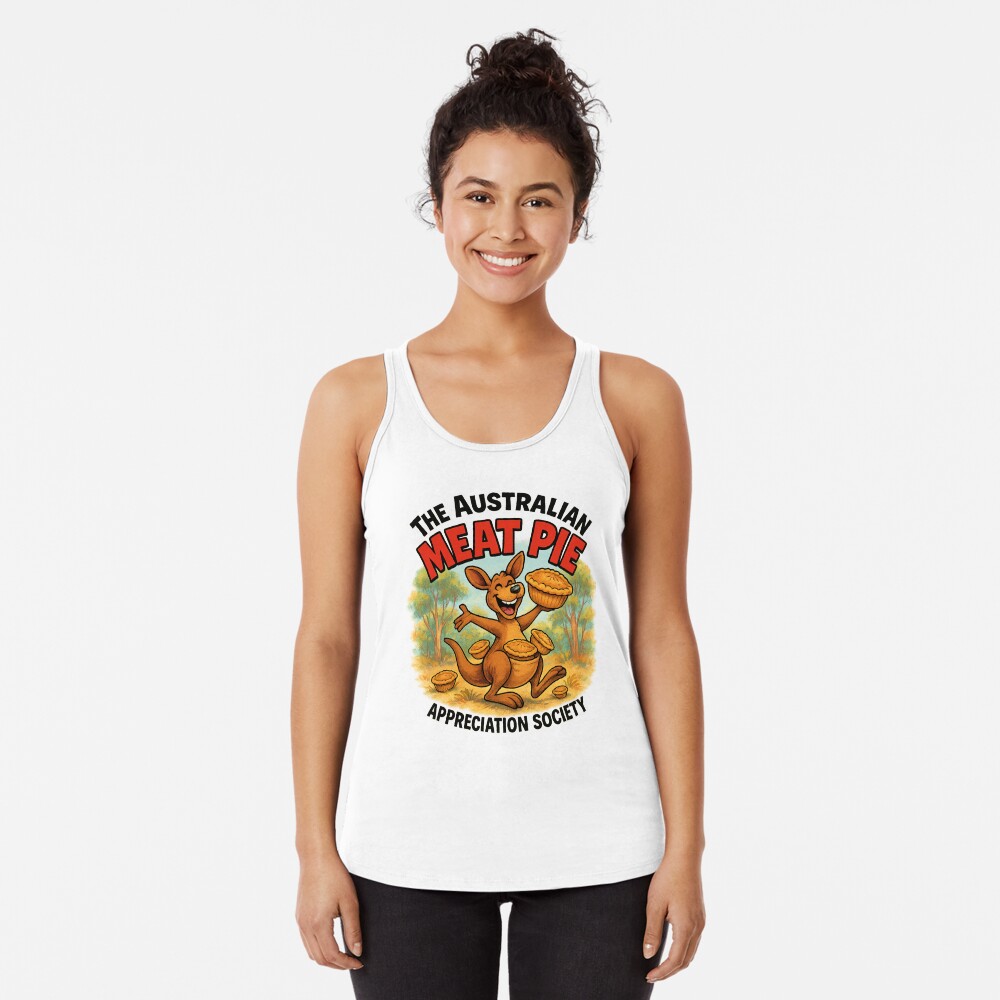 Women’s racerback tank top printed with cartoon kangaroo on picnic blanket eating Aussie meat pie under gum tree