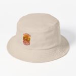 Cotton bucket hat with boxing kangaroo in gloves holding meat pie under vivid orange outback sunset sky