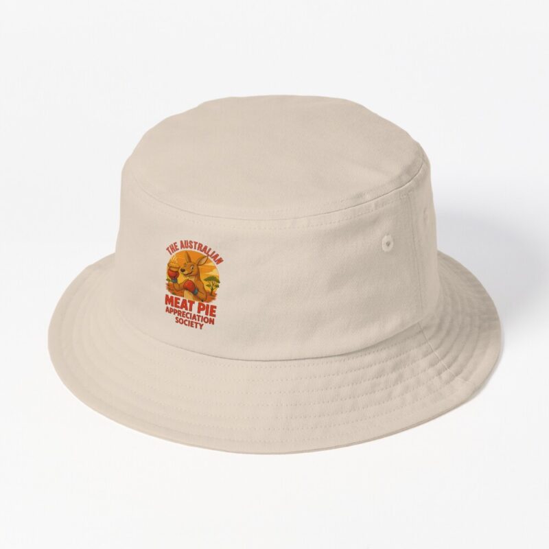 Cotton bucket hat with boxing kangaroo in gloves holding meat pie under vivid orange outback sunset sky