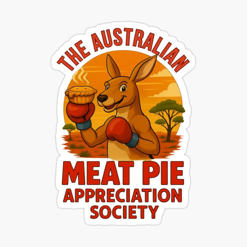 Glossy sticker of boxing kangaroo with gloves holding meat pie in front of fiery sunset