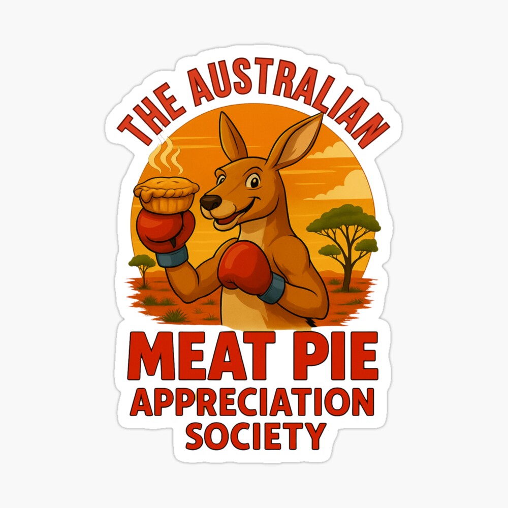 Glossy sticker of boxing kangaroo with gloves holding meat pie in front of fiery sunset