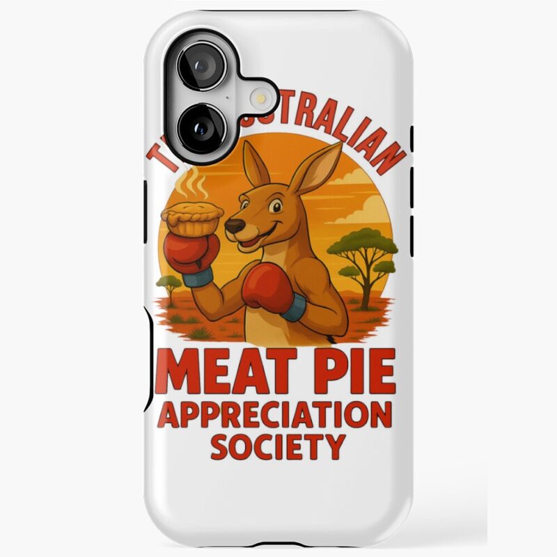 Tough phone case printed with boxing kangaroo in red gloves holding meat pie against orange sunset background