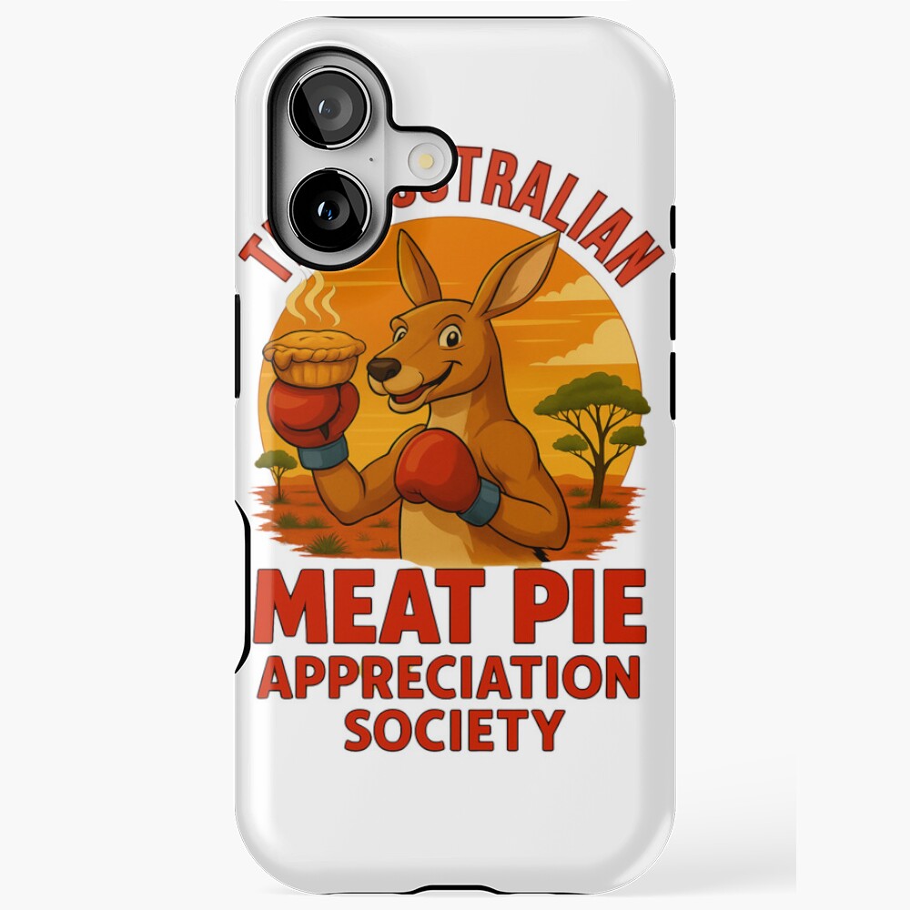 Tough phone case printed with boxing kangaroo in red gloves holding meat pie against orange sunset background