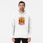 Pullover hoodie with cartoon boxing kangaroo lifting meat pie against vivid outback sunset background