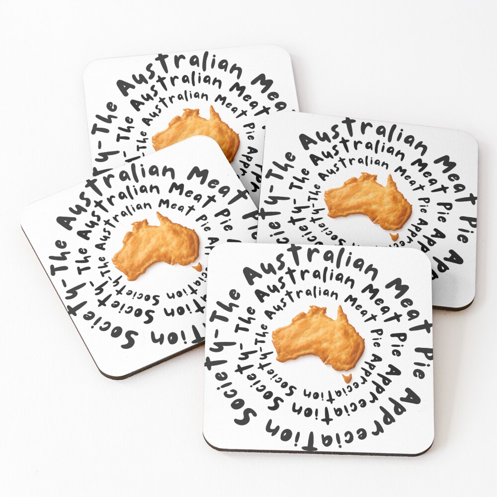 Set of four cork-backed drink coasters printed with golden Aussie meat pie shaped like map of Australia