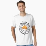 Classic essential-fit cotton T-shirt printed with golden meat pie shaped like map of Australia on clean white background