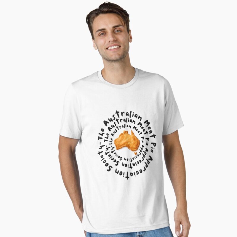 Classic essential-fit cotton T-shirt printed with golden meat pie shaped like map of Australia on clean white background