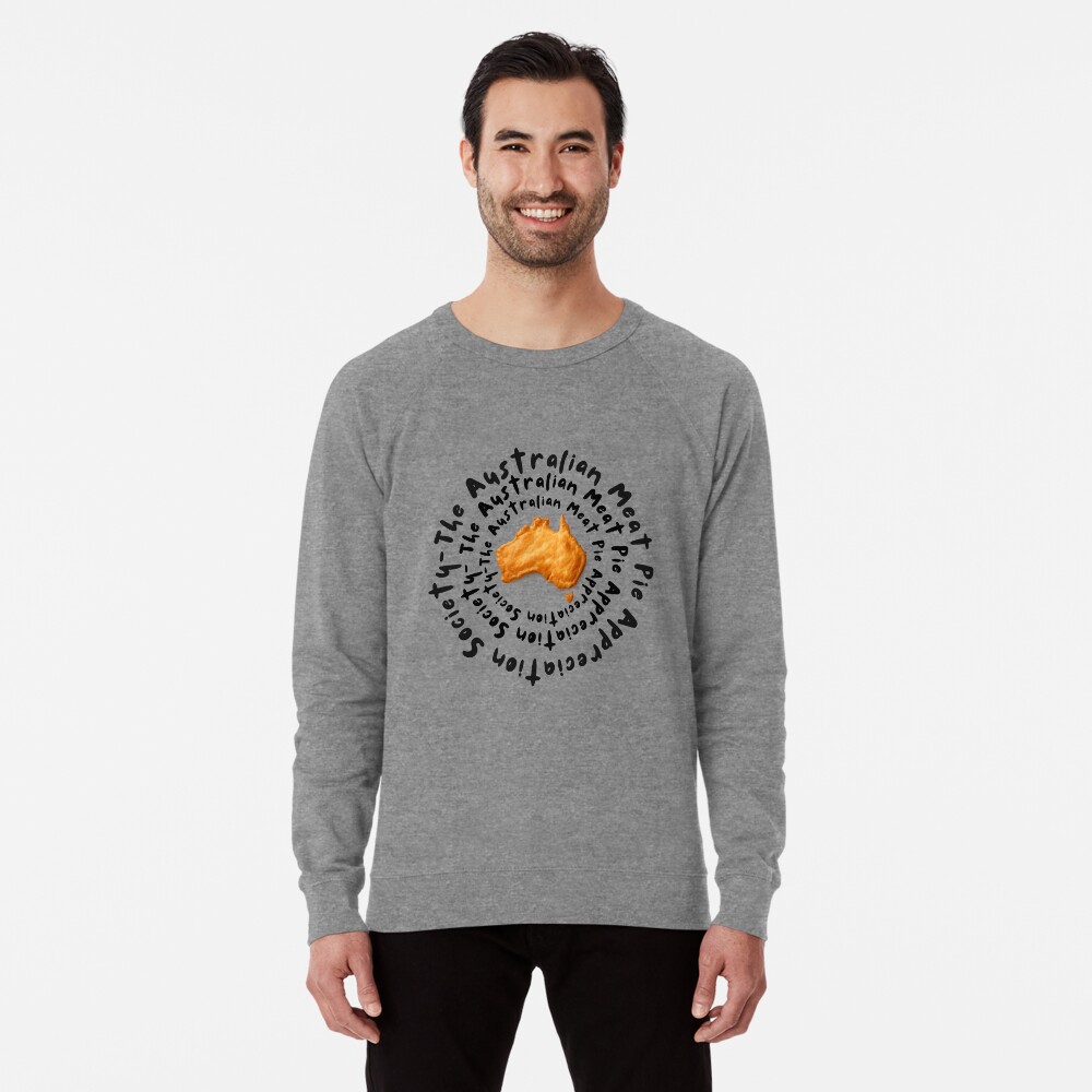 Lightweight crewneck sweatshirt printed with golden Aussie meat pie in the shape of Australia map outline