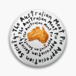 Glossy round button pin badge printed with golden Aussie meat pie in the shape of Australia map
