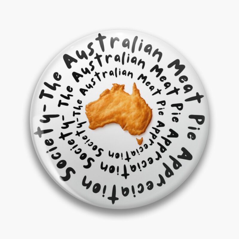 Glossy round button pin badge printed with golden Aussie meat pie in the shape of Australia map