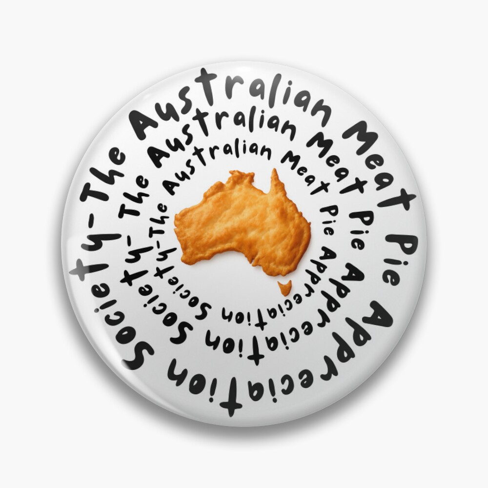 Glossy round button pin badge printed with golden Aussie meat pie in the shape of Australia map