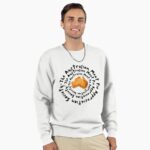 Classic fleece pullover sweatshirt printed with golden Aussie meat pie baked into shape of Australia continent