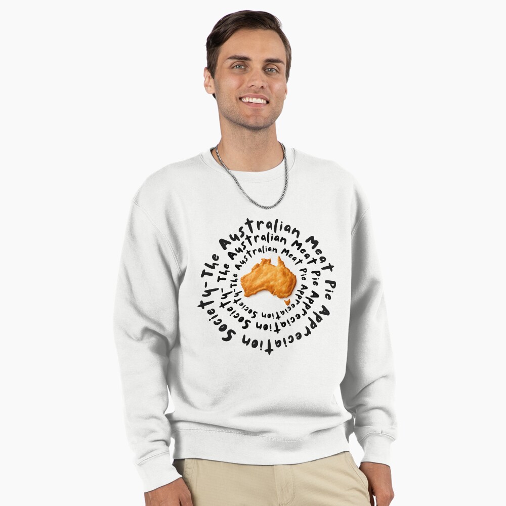 Classic fleece pullover sweatshirt printed with golden Aussie meat pie baked into shape of Australia continent