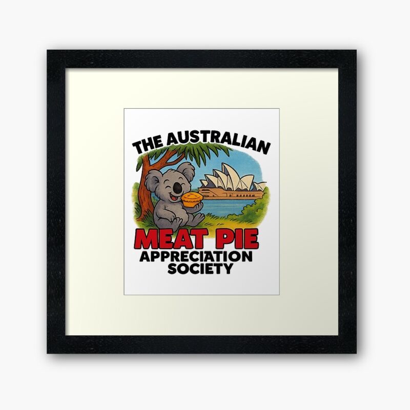 Framed art print of cartoon koala eating meat pie on Sydney Opera House steps with blue harbour skyline