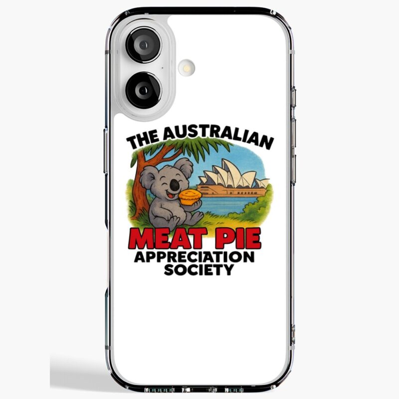 iPhone soft case printed with cartoon koala eating meat pie in front of Sydney Opera House sails and blue sky