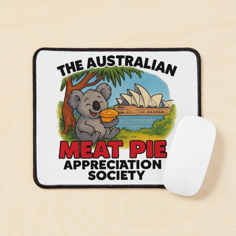 Mouse pad printed with cartoon koala holding meat pie on Sydney Opera House steps beside blue harbour water
