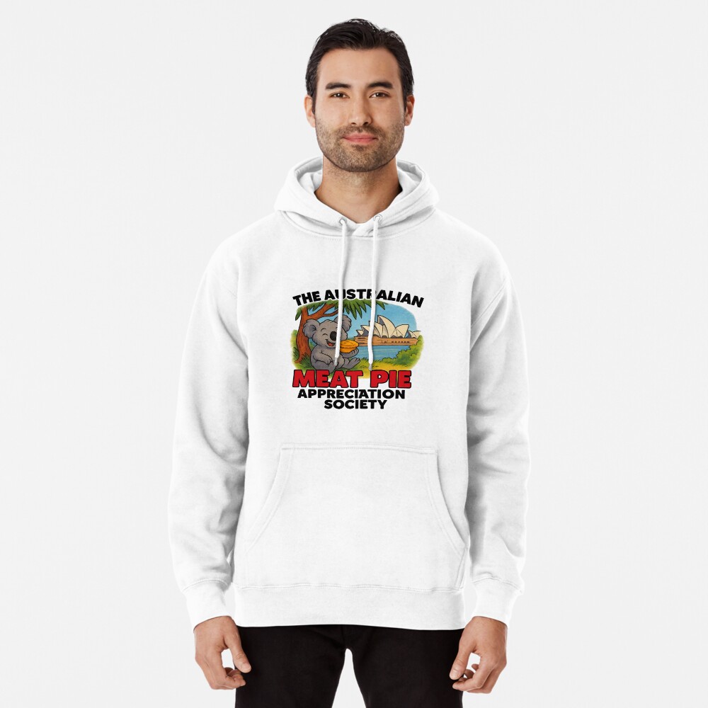 Pullover hoodie printed with cartoon koala eating meat pie sitting on Sydney Opera House steps under blue sky