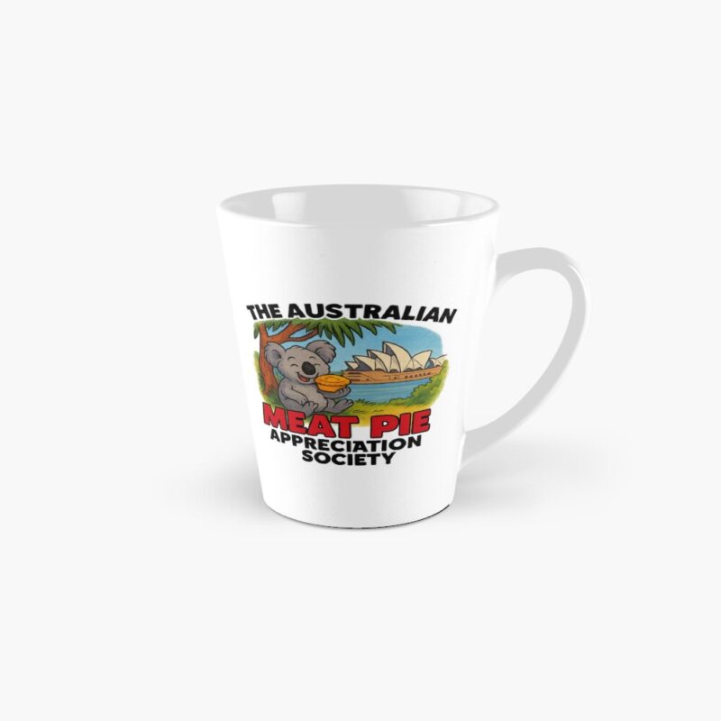 all white ceramic mug printed with cartoon koala eating meat pie beside Sydney Opera House sails