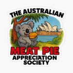Transparent sticker of cartoon koala holding meat pie on Sydney Opera House steps with blue harbour background