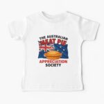 Cotton baby T-shirt printed with cute golden Aussie meat pie over blue Australian flag with Southern Cross stars