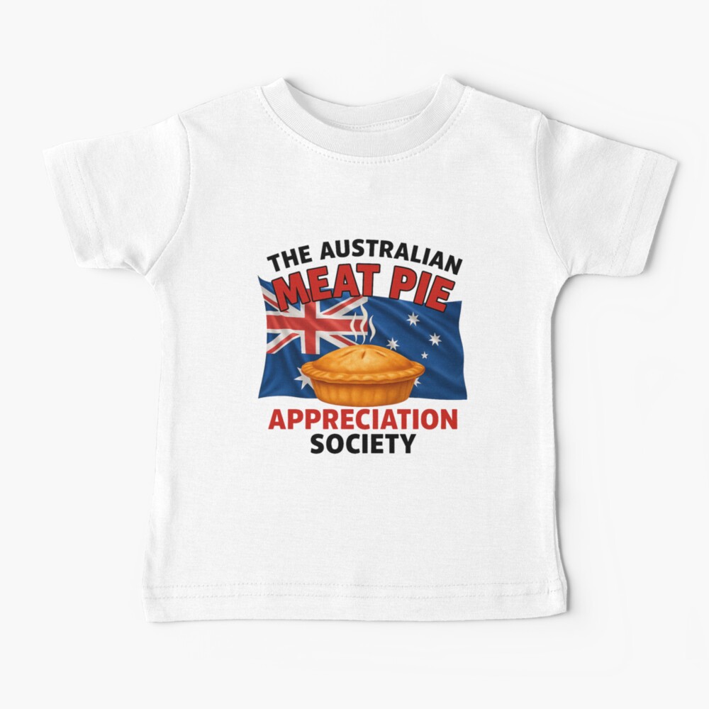Cotton baby T-shirt printed with cute golden Aussie meat pie over blue Australian flag with Southern Cross stars