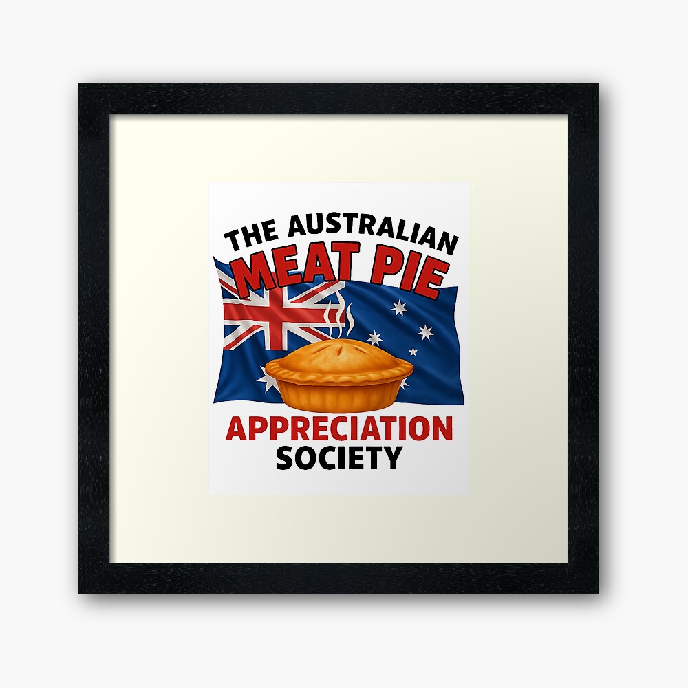Framed wall art print showing golden Aussie meat pie placed at centre of blue Australian flag with Southern Cross stars