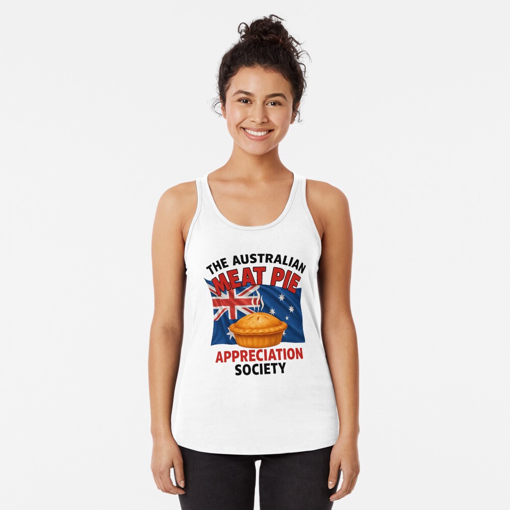 Lightweight women’s racerback tank top printed with golden Aussie meat pie over Australian flag with Southern Cross stars