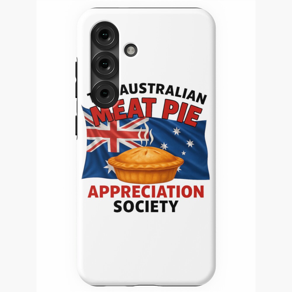 Samsung Galaxy tough phone case printed with golden Aussie meat pie over waving blue Australian flag with Southern Cross