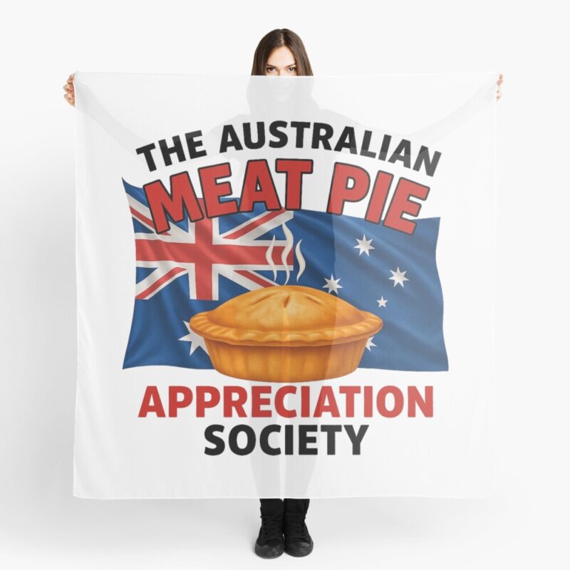 Lightweight soft printed scarf featuring golden Australian meat pie centered on blue flag with Southern Cross star pattern