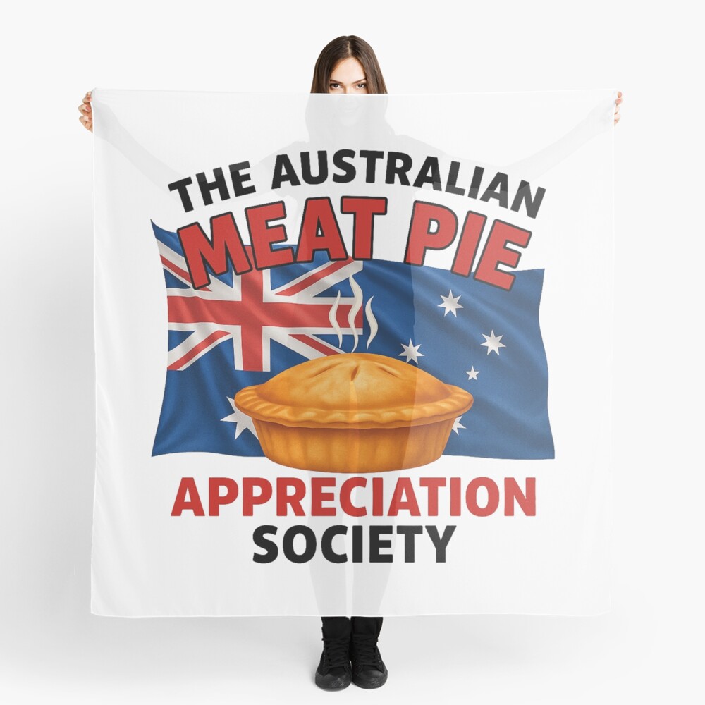 Lightweight soft printed scarf featuring golden Australian meat pie centered on blue flag with Southern Cross star pattern