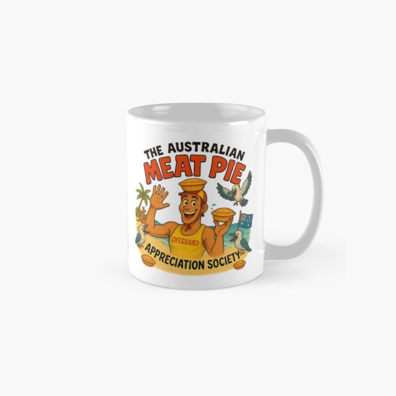 Glossy white ceramic coffee mug printed with cartoon Aussie lifeguard in surf-rescue outfit holding hot meat pie by ocean waves