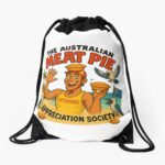 Lightweight drawstring gym sack printed with cartoon Aussie lifeguard carrying rescue float and meat pie on sunny beach background