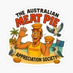 Holographic sticker of cartoon Aussie lifeguard wearing red-yellow patrol cap holding hot meat pie standing by the ocean