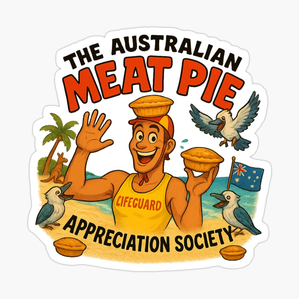 Holographic sticker of cartoon Aussie lifeguard wearing red-yellow patrol cap holding hot meat pie standing by the ocean
