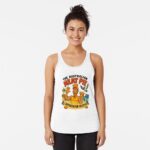 Women’s racerback tank top printed with cartoon Aussie lifeguard in red-yellow patrol cap standing on beach holding golden meat pie