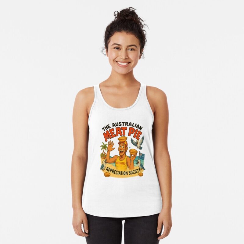 Women’s racerback tank top printed with cartoon Aussie lifeguard in red-yellow patrol cap standing on beach holding golden meat pie