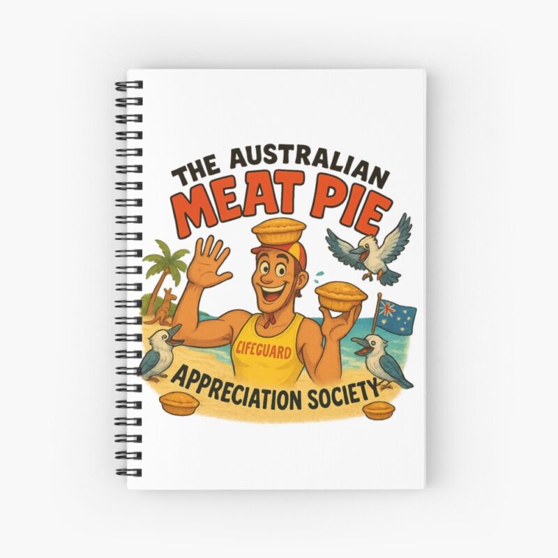 Spiral-bound lined notebook with glossy cover printed with cartoon Aussie lifeguard holding rescue float and golden meat pie at the beach
