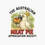Glossy vinyl sticker of cartoon cockatoo holding meat pie with tomato sauce in front of gum-tree background